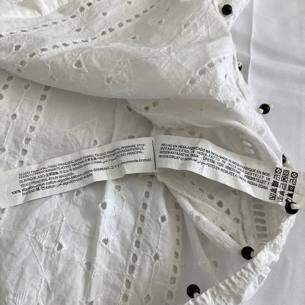ZARA White Eyelet Embroidered Button Up Long Sleeve Blouse with Pom Poms Size Lg